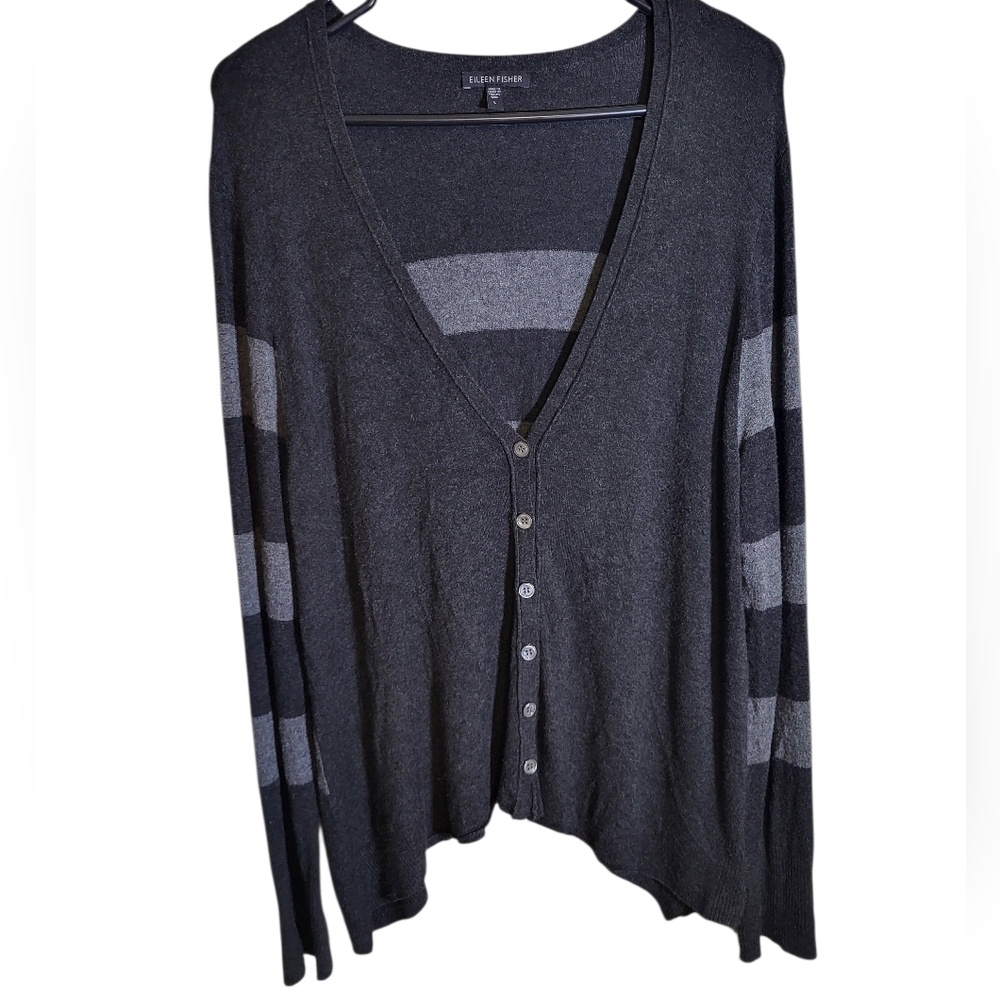 Eileen Fisher Black Gray Button Up Sweater Cardigan, Size L NEW w/o TAG